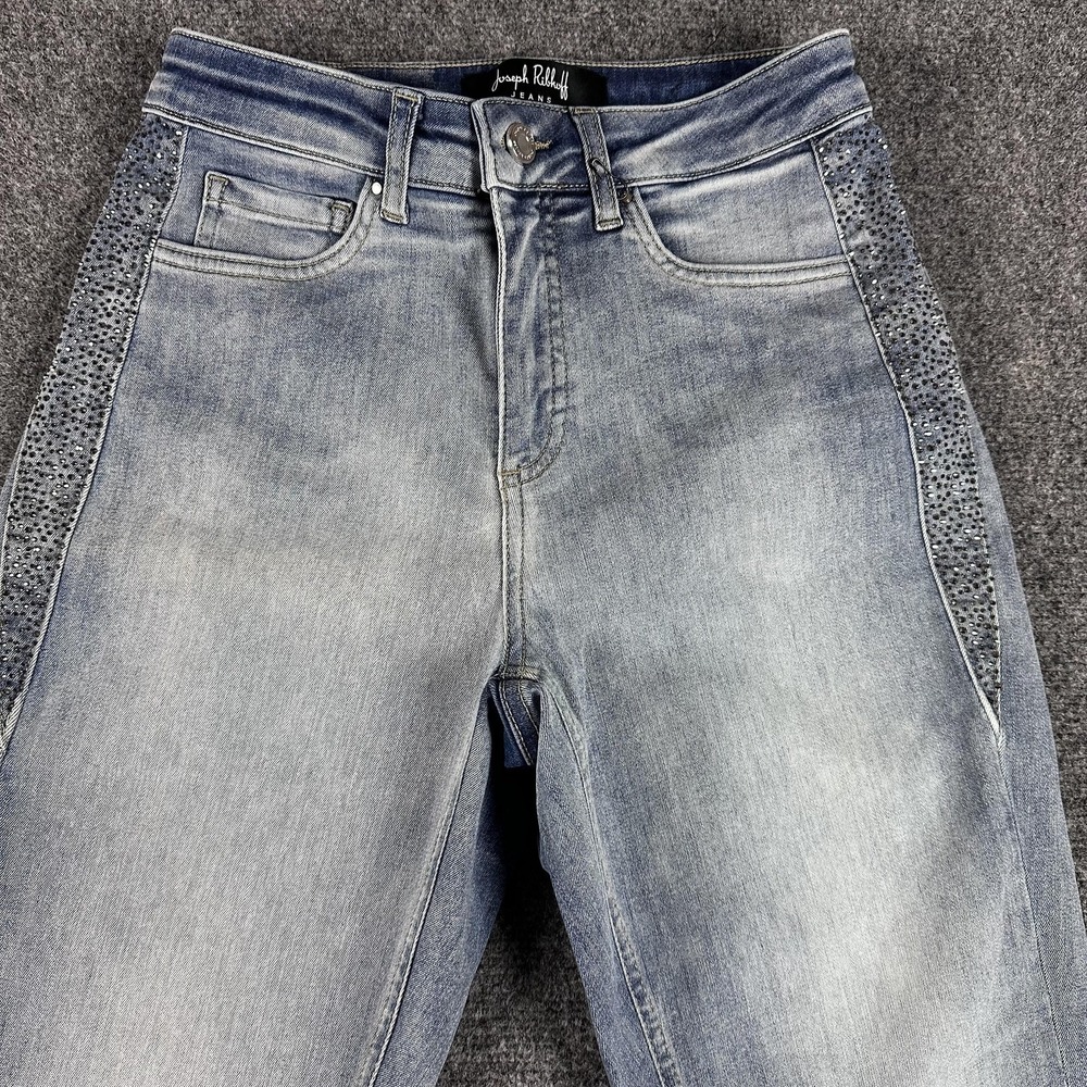 Joseph Ribkoff Jeans Womens 6 Lightwash Skinny Rhinestone Embellished Frayed Hem - Picture 3 of 8